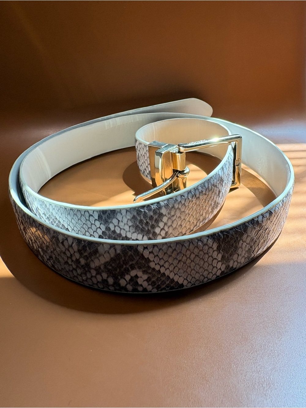Calvin Klein Reversible Python Snake Print Belt Cream Off White Gold XL